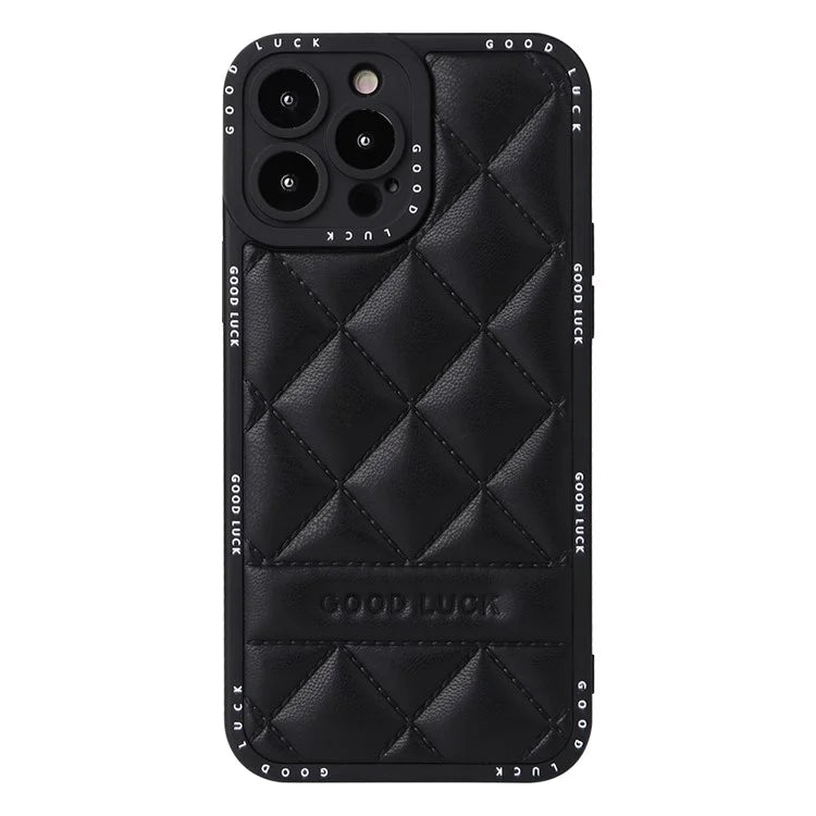 For iPhone 15 Pro Max Phone Case Rhombic Grid Texture Leather Coated PC + TPU Back Cover