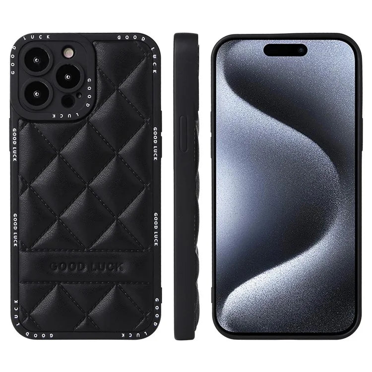 For iPhone 15 Pro Max Phone Case Rhombic Grid Texture Leather Coated PC + TPU Back Cover
