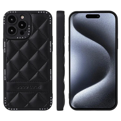 For iPhone 15 Pro Max Phone Case Rhombic Grid Texture Leather Coated PC + TPU Back Cover