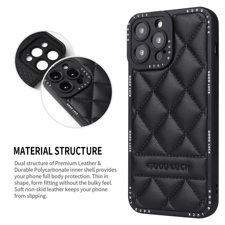 For iPhone 15 Pro Max Phone Case Rhombic Grid Texture Leather Coated PC + TPU Back Cover