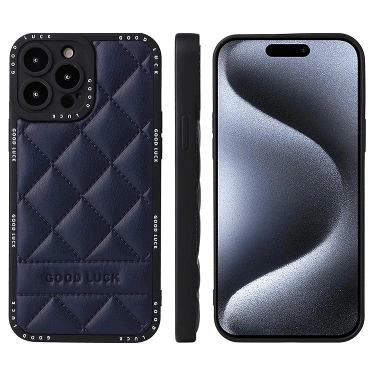 For iPhone 15 Pro Max Phone Case Rhombic Grid Texture Leather Coated PC + TPU Back Cover