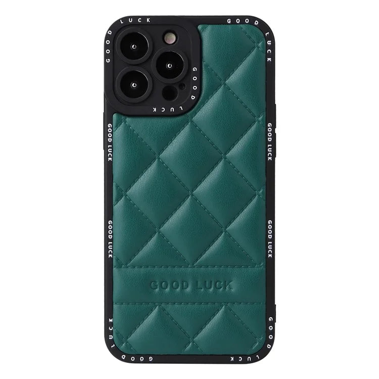 For iPhone 15 Pro Max Phone Case Rhombic Grid Texture Leather Coated PC + TPU Back Cover