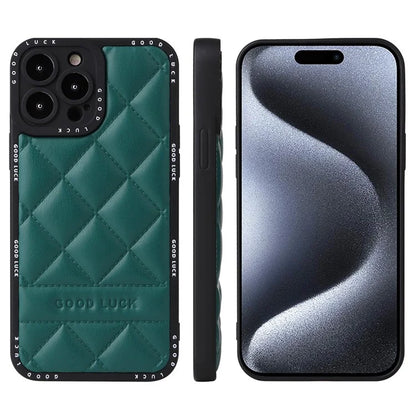 For iPhone 15 Pro Max Phone Case Rhombic Grid Texture Leather Coated PC + TPU Back Cover