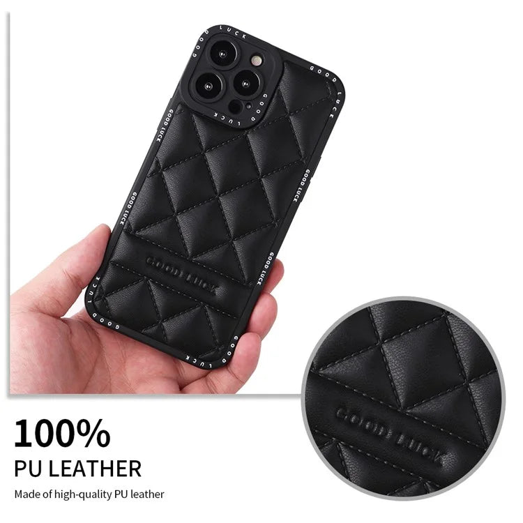 For iPhone 15 Pro Max Phone Case Rhombic Grid Texture Leather Coated PC + TPU Back Cover