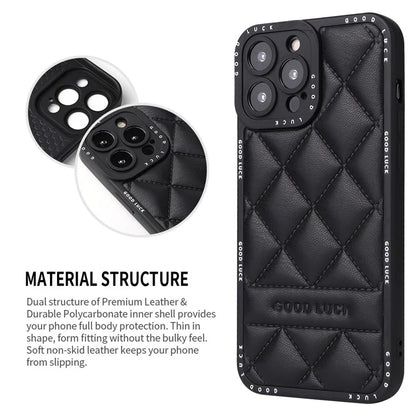 For iPhone 15 Pro Max Phone Case Rhombic Grid Texture Leather Coated PC + TPU Back Cover