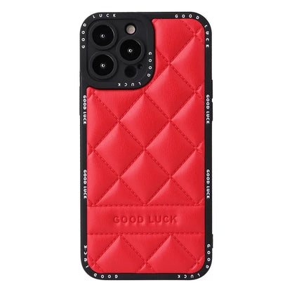 For iPhone 15 Pro Max Phone Case Rhombic Grid Texture Leather Coated PC + TPU Back Cover