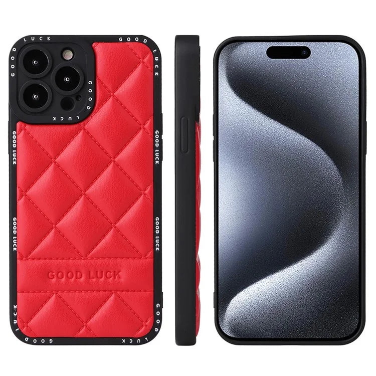 For iPhone 15 Pro Max Phone Case Rhombic Grid Texture Leather Coated PC + TPU Back Cover