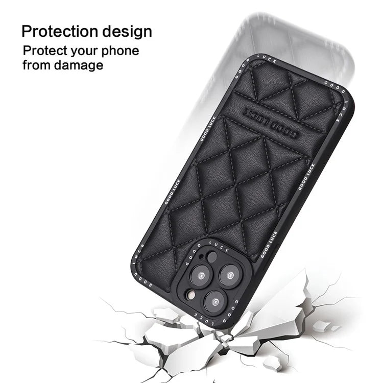 For iPhone 15 Pro Max Phone Case Rhombic Grid Texture Leather Coated PC + TPU Back Cover