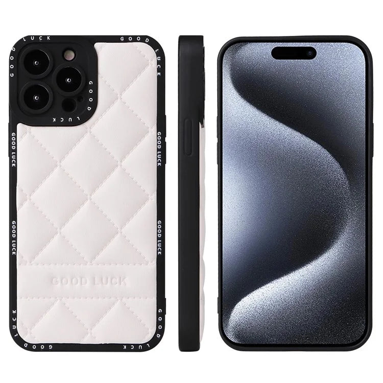 For iPhone 15 Pro Max Phone Case Rhombic Grid Texture Leather Coated PC + TPU Back Cover