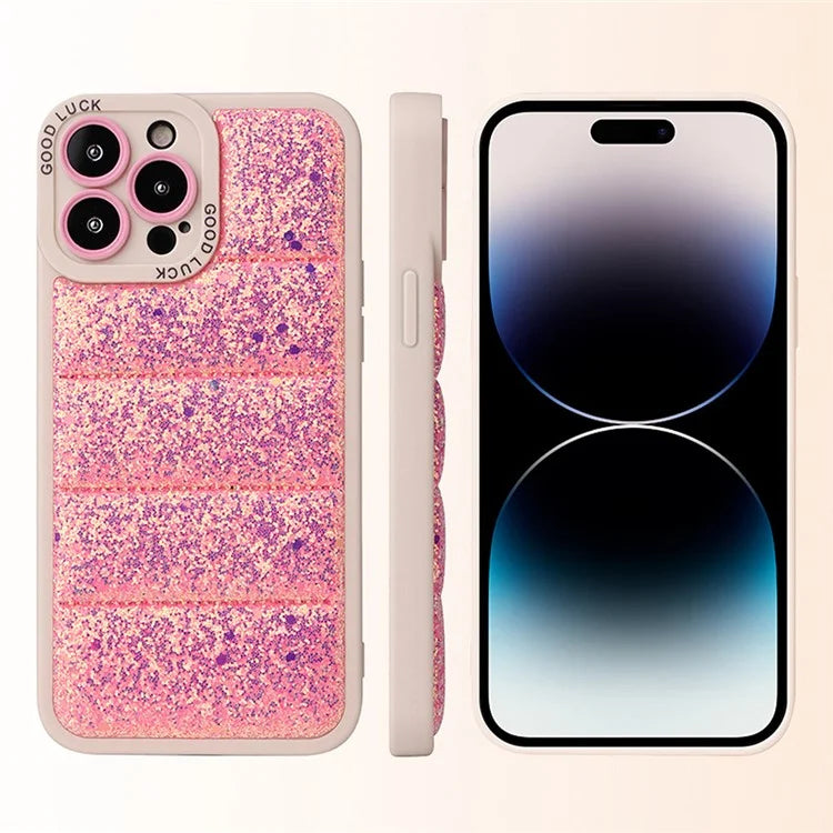 For iPhone 14 Pro Max Phone Case Camera Protection Glitter Leather Coated Back Cover