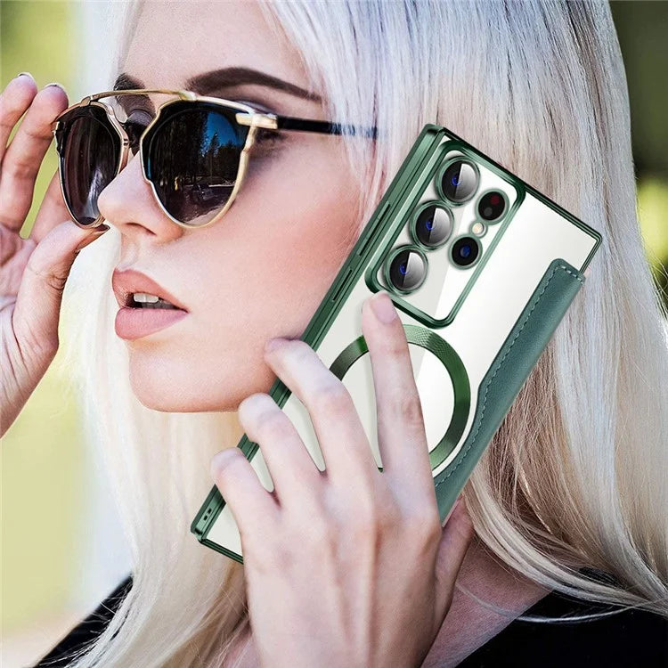 For Samsung Galaxy S22 Ultra 5G Case Card Slots Phone Cover Compatible with MagSafeish Green