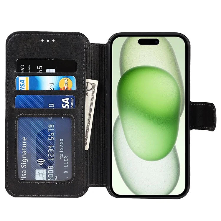 For iPhone 15 Case Shockproof Leather Phone Cover with Stand Wallet Design