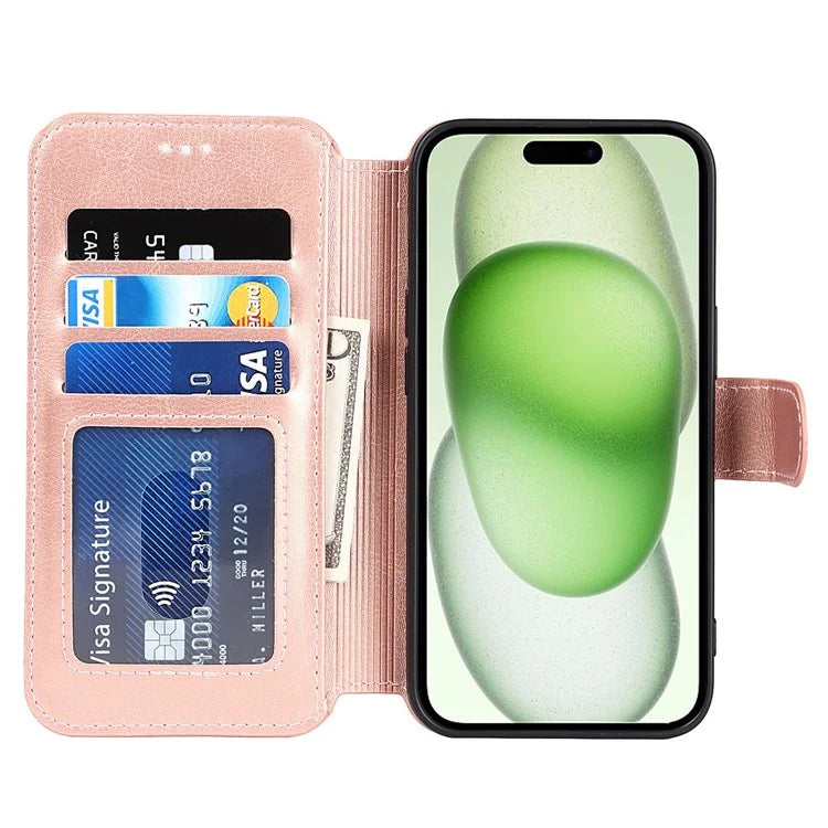 For iPhone 15 Case Shockproof Leather Phone Cover with Stand Wallet Design
