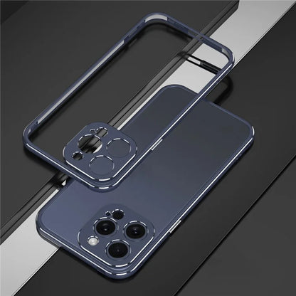 For iPhone 15 Pro Shockproof Bumper Case Anti-Drop Metal Slim Frame with Camera Lens GuardBlue+Silver