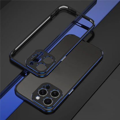 For iPhone 15 Pro Shockproof Bumper Case Anti-Drop Metal Slim Frame with Camera Lens GuardBlack+Blue