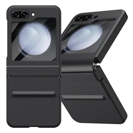For Samsung Galaxy Z Flip5 5G Case Hinge Leather+PC Phone Cover with Tempered Glass Rear Screen Film