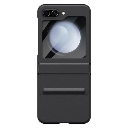 For Samsung Galaxy Z Flip5 5G Case Hinge Leather+PC Phone Cover with Tempered Glass Rear Screen Film