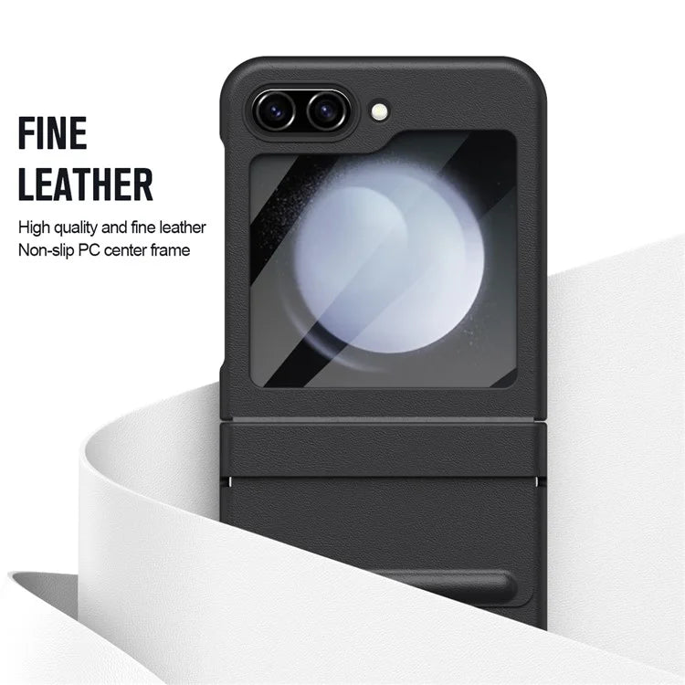 For Samsung Galaxy Z Flip5 5G Case Hinge Leather+PC Phone Cover with Tempered Glass Rear Screen Film