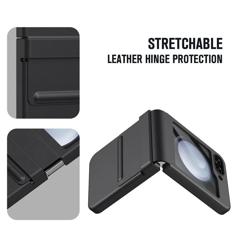 For Samsung Galaxy Z Flip5 5G Case Hinge Leather+PC Phone Cover with Tempered Glass Rear Screen Film