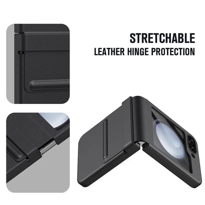 For Samsung Galaxy Z Flip5 5G Case Hinge Leather+PC Phone Cover with Tempered Glass Rear Screen Film