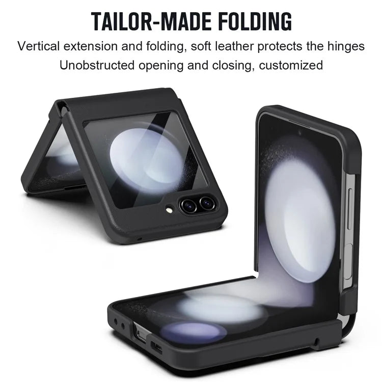 For Samsung Galaxy Z Flip5 5G Case Hinge Leather+PC Phone Cover with Tempered Glass Rear Screen Film