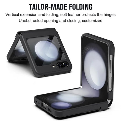 For Samsung Galaxy Z Flip5 5G Case Hinge Leather+PC Phone Cover with Tempered Glass Rear Screen Film