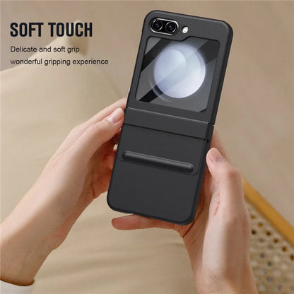For Samsung Galaxy Z Flip5 5G Case Hinge Leather+PC Phone Cover with Tempered Glass Rear Screen Film