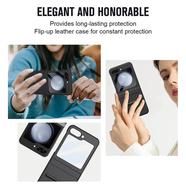 For Samsung Galaxy Z Flip5 5G Case Hinge Leather+PC Phone Cover with Tempered Glass Rear Screen Film