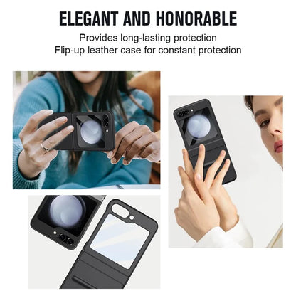 For Samsung Galaxy Z Flip5 5G Case Hinge Leather+PC Phone Cover with Tempered Glass Rear Screen Film