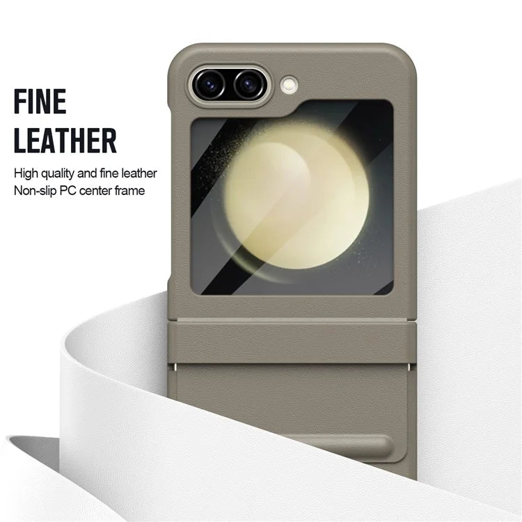 For Samsung Galaxy Z Flip5 5G Case Hinge Leather+PC Phone Cover with Tempered Glass Rear Screen Film