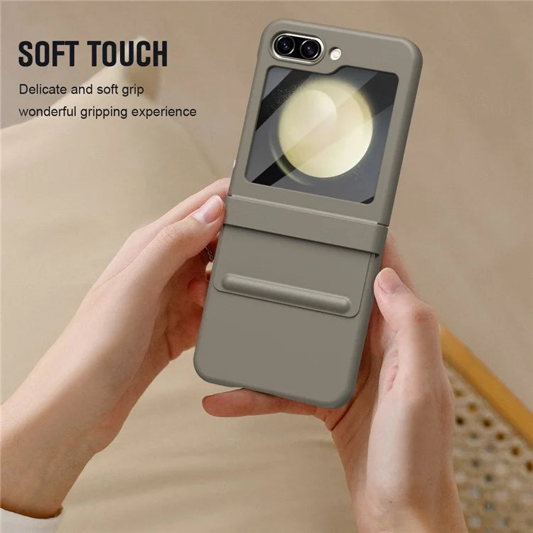 For Samsung Galaxy Z Flip5 5G Case Hinge Leather+PC Phone Cover with Tempered Glass Rear Screen Film