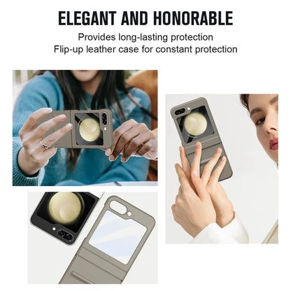 For Samsung Galaxy Z Flip5 5G Case Hinge Leather+PC Phone Cover with Tempered Glass Rear Screen Film