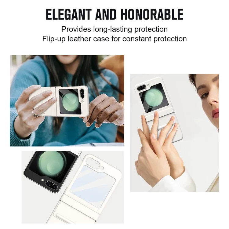 For Samsung Galaxy Z Flip5 5G Case Hinge Leather+PC Phone Cover with Tempered Glass Rear Screen Film