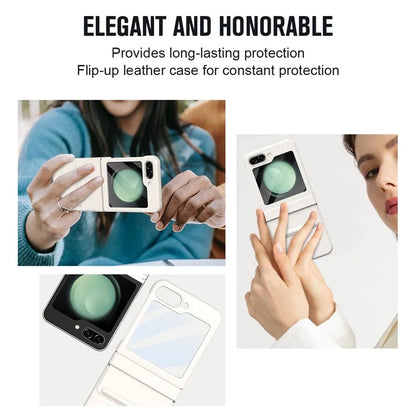 For Samsung Galaxy Z Flip5 5G Case Hinge Leather+PC Phone Cover with Tempered Glass Rear Screen Film