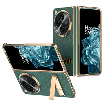 For OnePlus Open Case Litchi Texture Leather+PC Phone Kickstand Cover with Tempered Glass Film