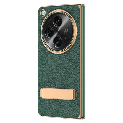 For OnePlus Open Case Litchi Texture Leather+PC Phone Kickstand Cover with Tempered Glass Film