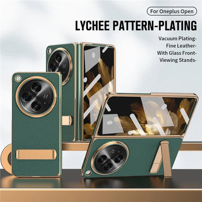 For OnePlus Open Case Litchi Texture Leather+PC Phone Kickstand Cover with Tempered Glass Film