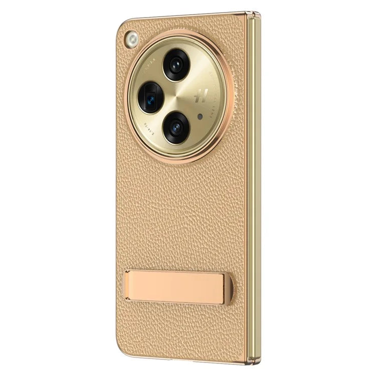 For OnePlus Open Case Litchi Texture Leather+PC Phone Kickstand Cover with Tempered Glass Film