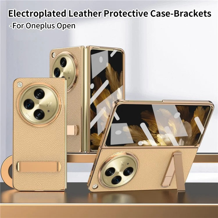 For OnePlus Open Case Litchi Texture Leather+PC Phone Kickstand Cover with Tempered Glass Film