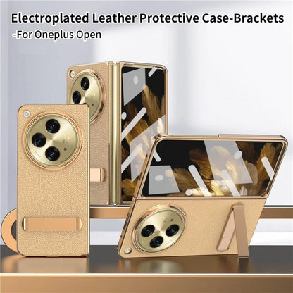 For OnePlus Open Case Litchi Texture Leather+PC Phone Kickstand Cover with Tempered Glass Film