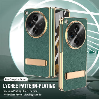 For OnePlus Open Case Litchi Texture Leather+PC Phone Kickstand Cover with Tempered Glass Film
