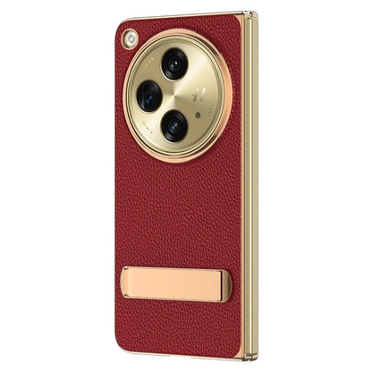 For OnePlus Open Case Litchi Texture Leather+PC Phone Kickstand Cover with Tempered Glass Film