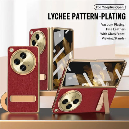 For OnePlus Open Case Litchi Texture Leather+PC Phone Kickstand Cover with Tempered Glass Film