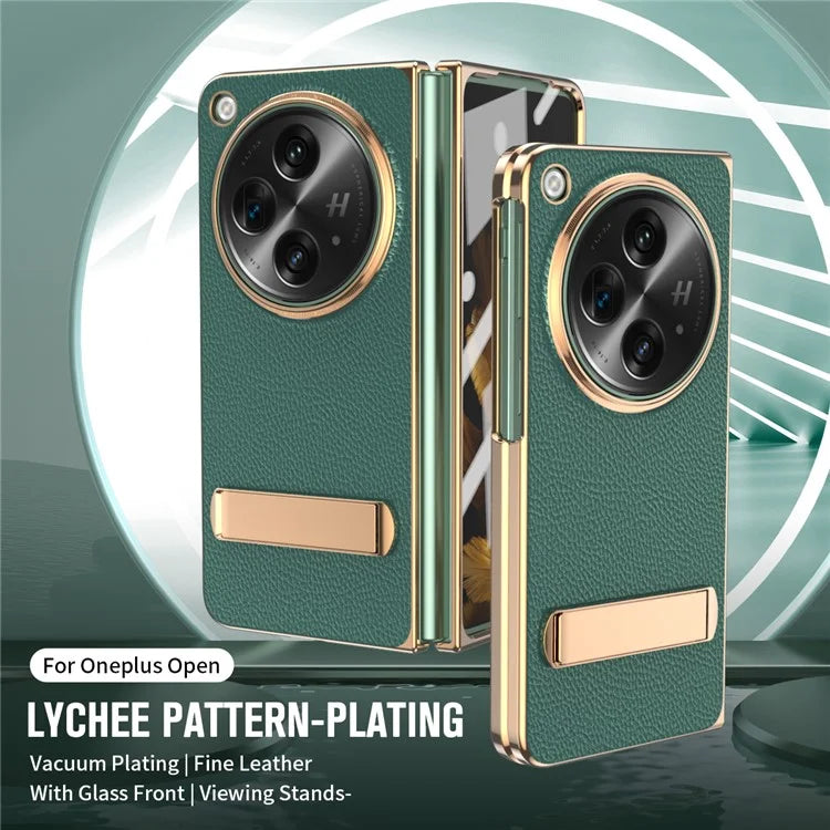 For OnePlus Open Case Litchi Texture Leather+PC Phone Kickstand Cover with Tempered Glass Film