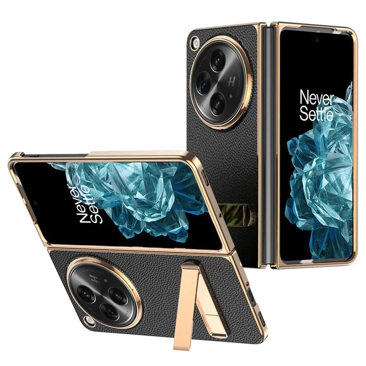 For OnePlus Open Case Litchi Texture Leather+PC Phone Kickstand Cover with Tempered Glass Film