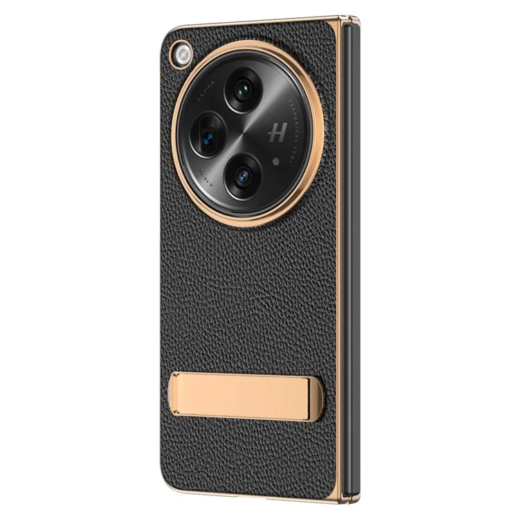 For OnePlus Open Case Litchi Texture Leather+PC Phone Kickstand Cover with Tempered Glass Film