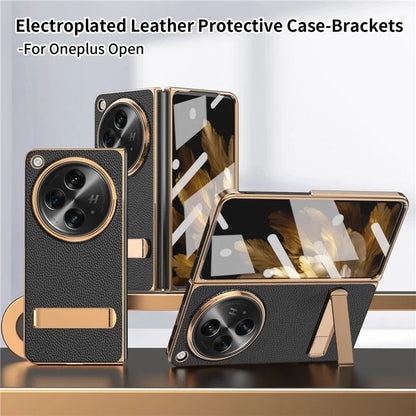 For OnePlus Open Case Litchi Texture Leather+PC Phone Kickstand Cover with Tempered Glass Film