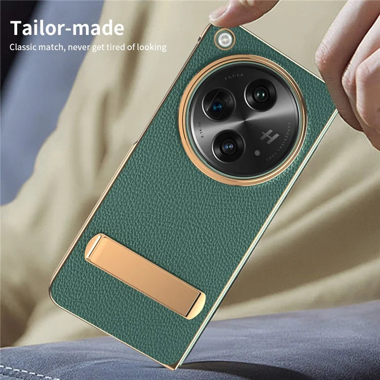 For OnePlus Open Case Litchi Texture Leather+PC Phone Kickstand Cover with Tempered Glass Film