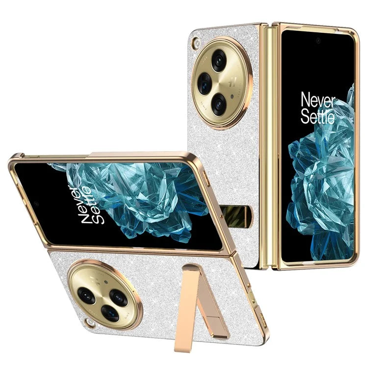 For OnePlus Open Case Kickstand Glitter PU Leather + PC Folding Phone Cover