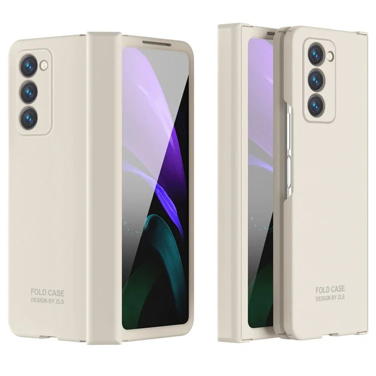 For Samsung Galaxy Z Fold2 5G Hard PC Case Anti-scratch Phone Cover with Tempered Glass Film- Beige